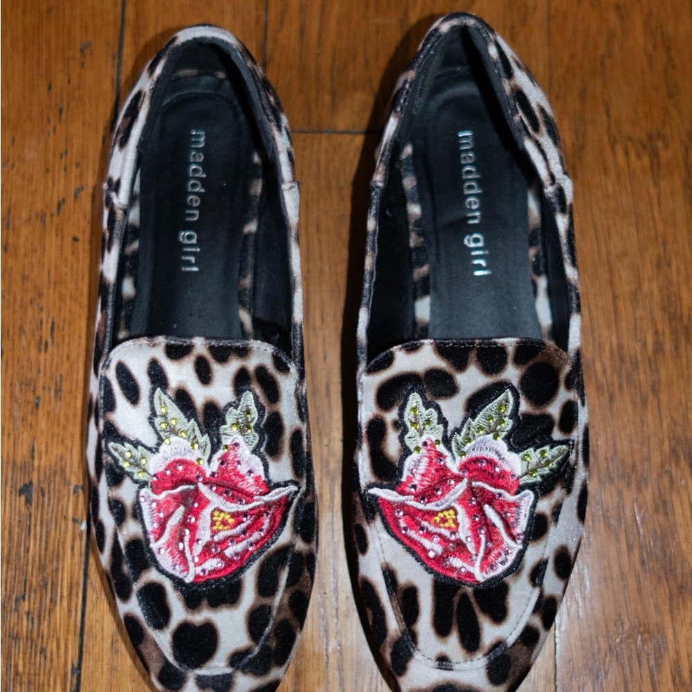Madden Girl Animal Print Loafers with Floral Embroidery and Rhinestones